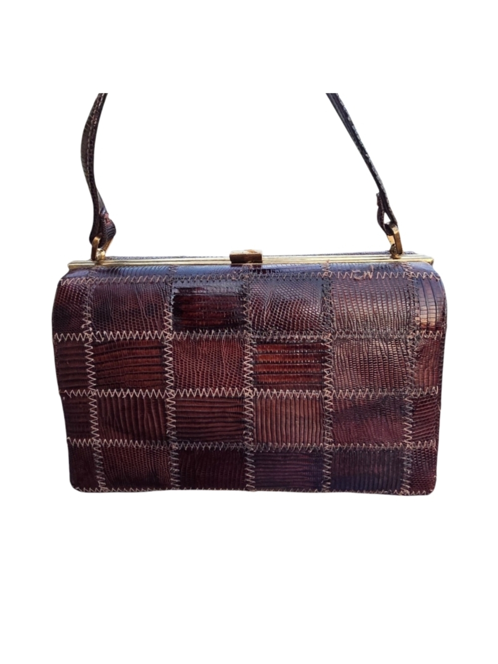 #154 Vintage  Patchwork Lizard Leather Bag in Dark Brown with Gold Trim